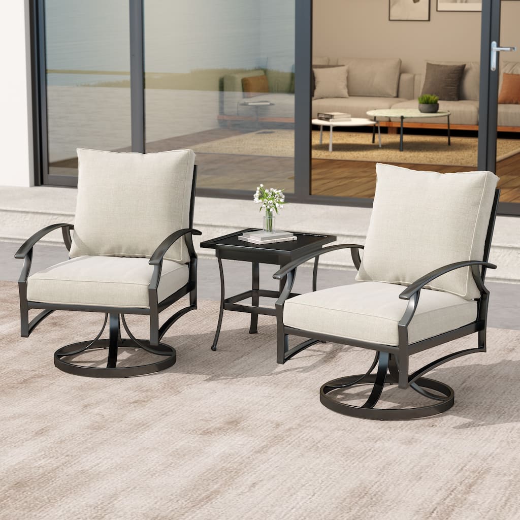 3 Piece Patio Metal Swivel Chair Seating Group with Side Table