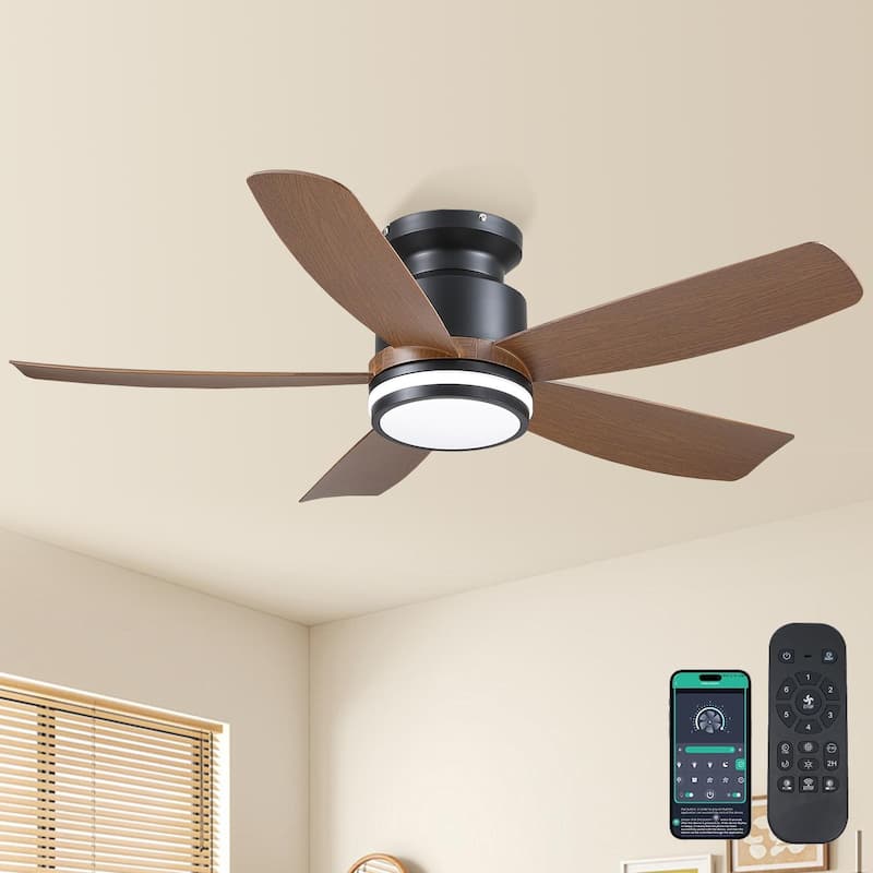 41 Inches Ceiling Fan with Light,5 ABS Blades,Flush Mount Low Profile Ceiling Fan with Light and Remote for Bedroom Living Room - Brown