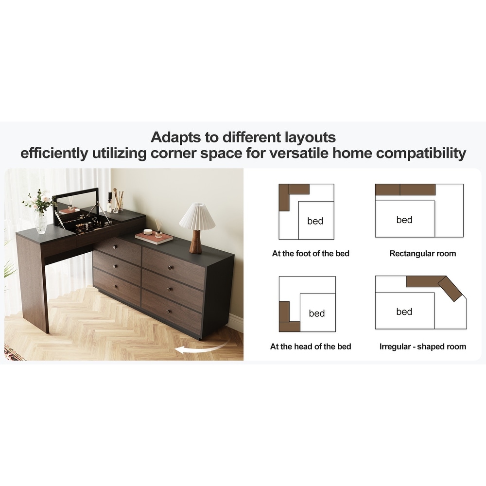 Home Office Storage Expandable Dresser Desk Combo With Flip-Top Makeup Mirror and 6 Storage Drawers
