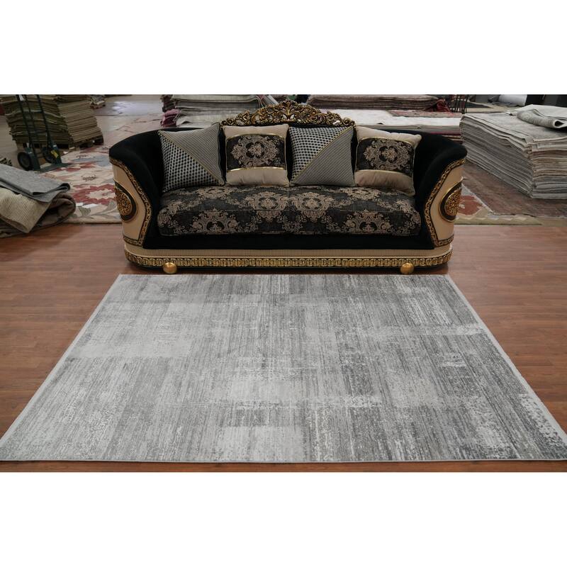 Machine Made Oriental Polyester Carpet Abstract Greys & Charcoal Distressed Area Rug - 7' 5'' X 5' 2''