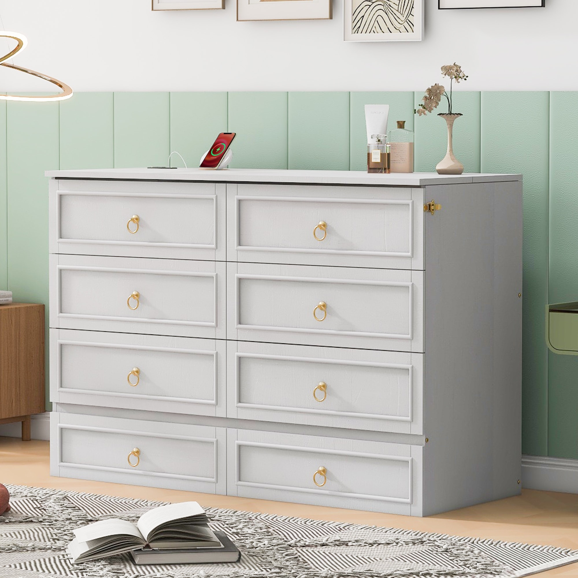 Stylish Murphy Bed with Large Drawers and Decoration Handles, Queen Size