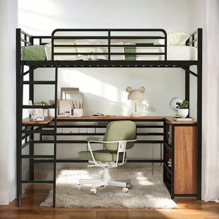 Artsy Twin Size Metal Loft Bed with 3 Layers and L-shaped Desk, Black