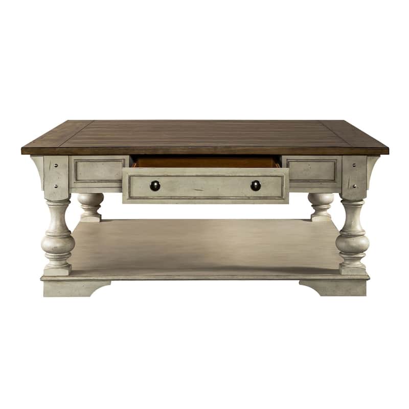 Morgan Creek Antique White Wire Brushed Tobacco Accents Drawer Square Cocktail Table