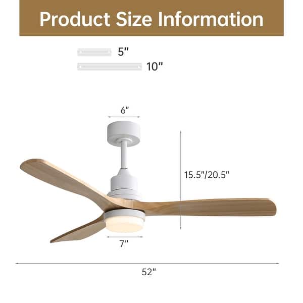 dimension image slide 11 of 14, Sofucor 48/52/56/60 Inch Solid Wood Ceiling Fan with Light and Remote, Reverse Functions, Integrated Light Optional