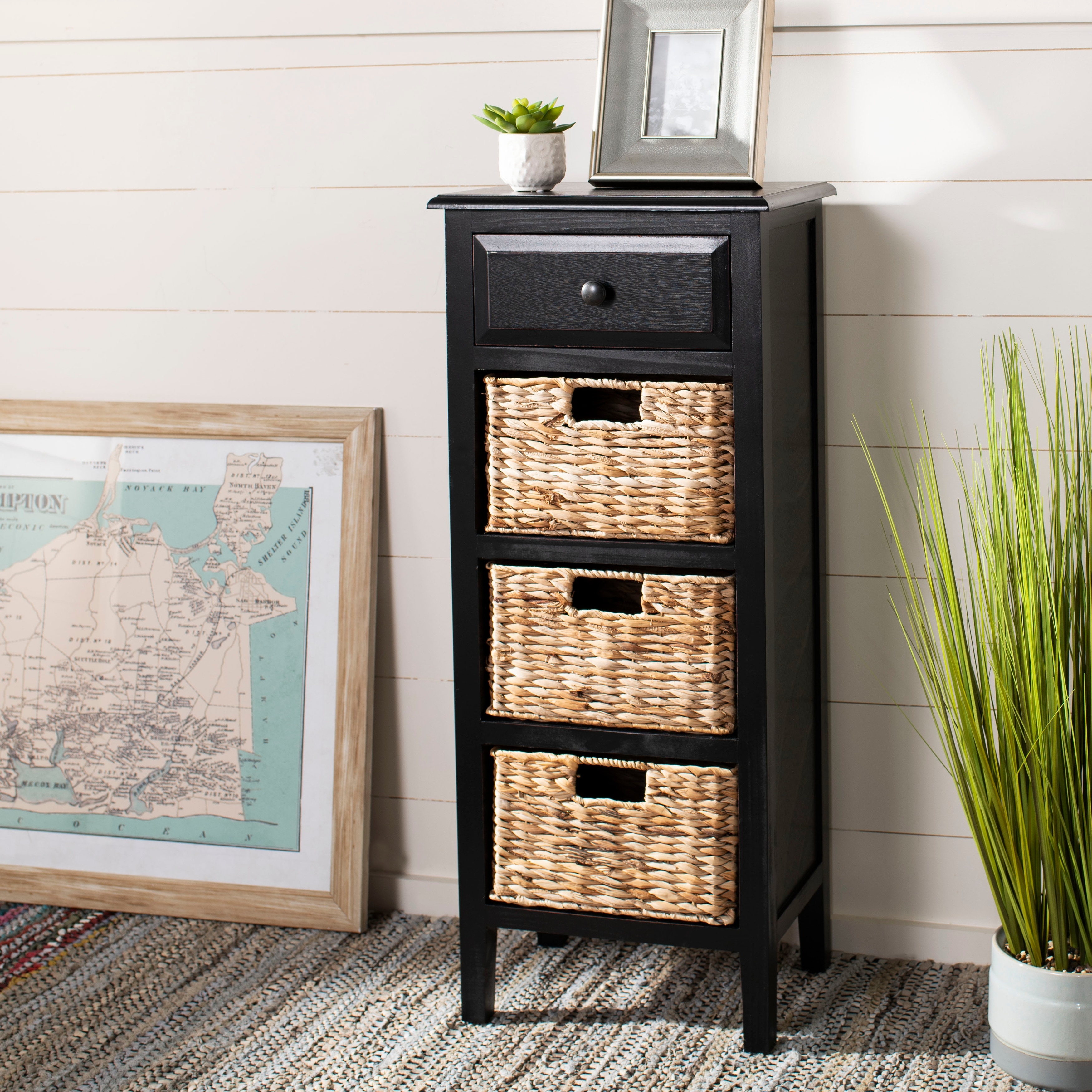SAFAVIEH Hermine Distressed Black 4-Drawer Storage Side Table - 15" x 11.8" x 35.8" - 15"W x 12"D x 36"H