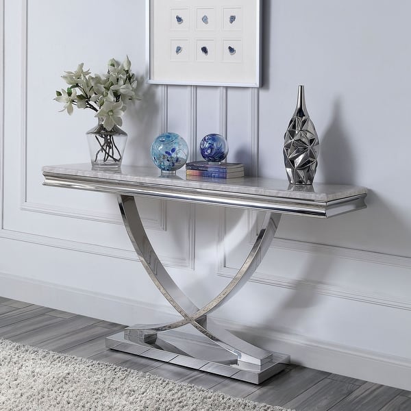 slide 2 of 7, Verdiccio Glam Chrome 55-inch Faux Marble Sofa Table by Furniture of America Chrome