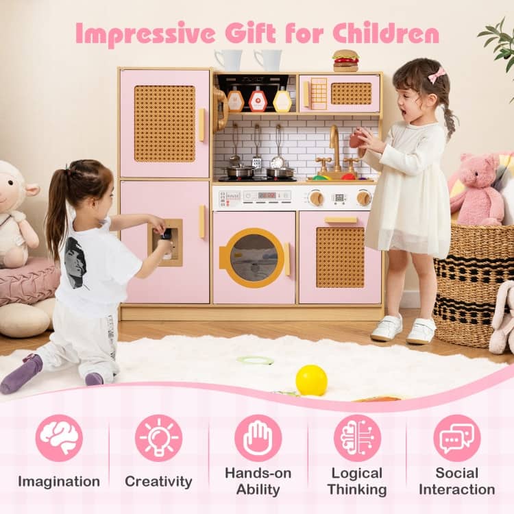 MDF Rattan Kids Play Kitchen with Lights, Sounds and Accessories - 33" × 10" × 31.5"