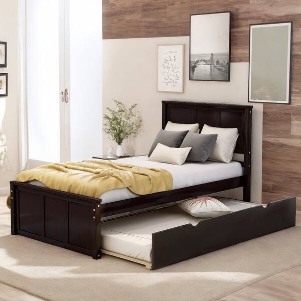 slide 2 of 15, Twin Platform Kids Bed with Trundle, Solid Wood Frame, Space-Saving Design, Trundle Can Be Placed on Either Side, Espresso Espresso