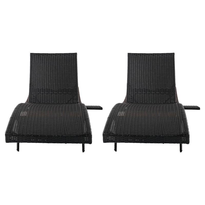 80"Patio Chaise Lounge Chairs Set of 2, Rattan Reclining Chair w/Rolling Wheels & Pull-out Side Table, Adjustable Backrest