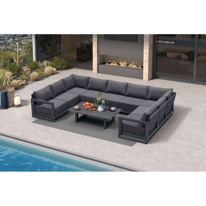 PURPLE LEAF Caesar Grey Sofas Sectionals 4-18 Piece with 9.6" Thick Cushion for Yard Porch Deck Outdoor Patio Conversation Sets - 9 Seats+1 Table - U-shaped
