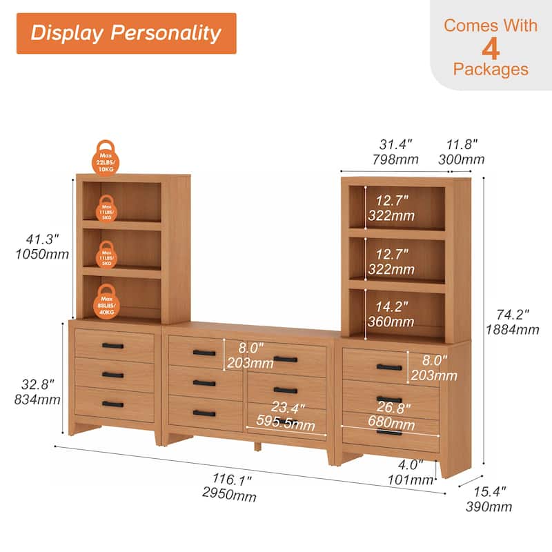 WAMPAT Farmhouse Entertainment Center with Bookshelves, Media Console & Storage Drawers