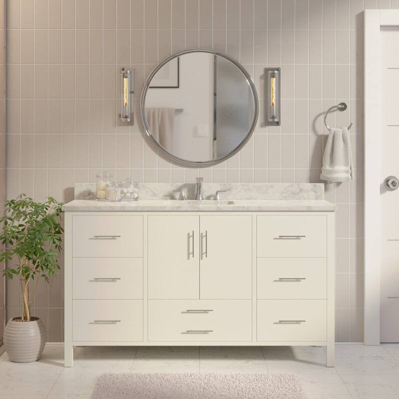 KitchenBathCollection California 60" Single Bathroom Vanity with Carrara Marble Top - White