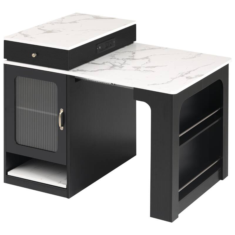 Kitchen Island with Extendable Dining Table, Kitchen Storage Table with 2 Drawers, Power Outlet, Open Shelves, for Diningroom