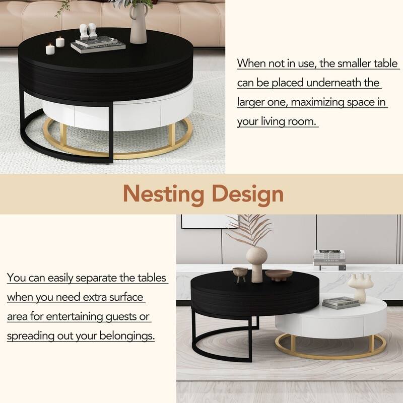 Modern Round Lift-top Nesting Coffee Tables with 2 Drawers