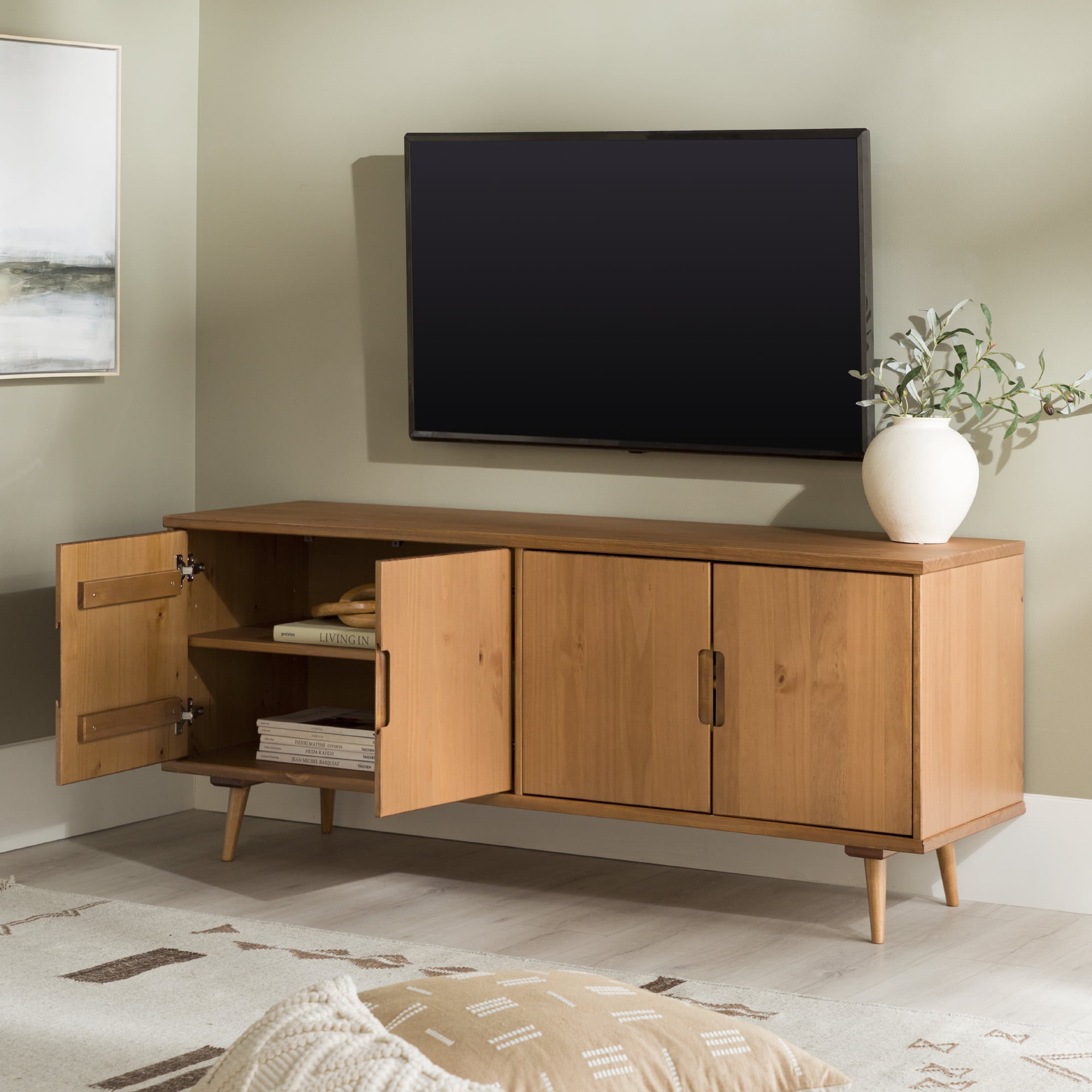Mid Century Modern Groove Handle 4 Door TV Stand for TVs up to