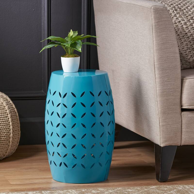 12.25" Modern Round Side Table with Barrel Structure and Iron-cut Design for Living Room or Bedroom