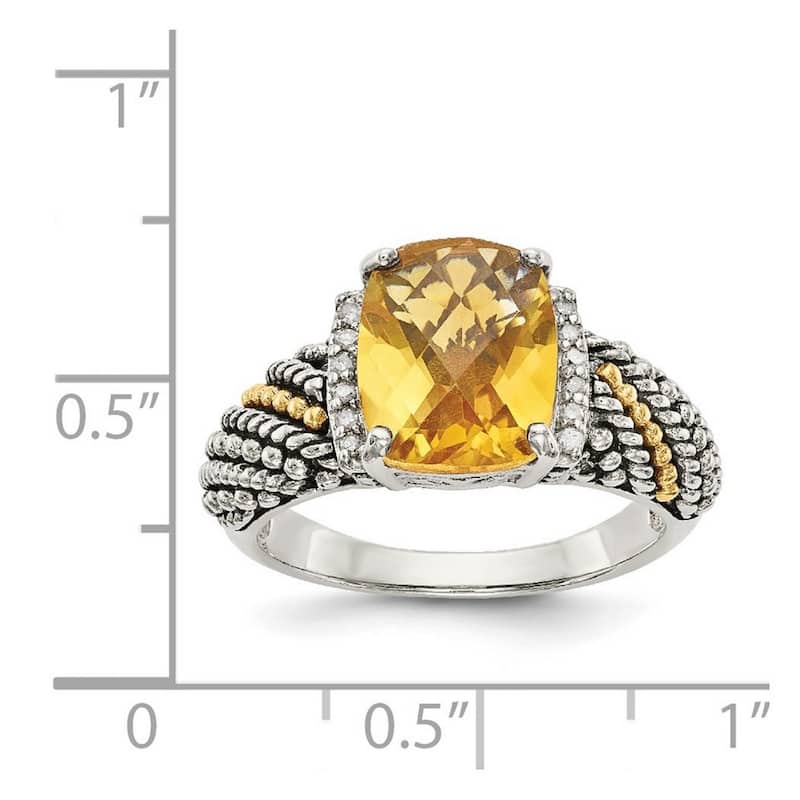 Curata 925 Sterling Silver Polished With 14k Diamond and Citrine Ring