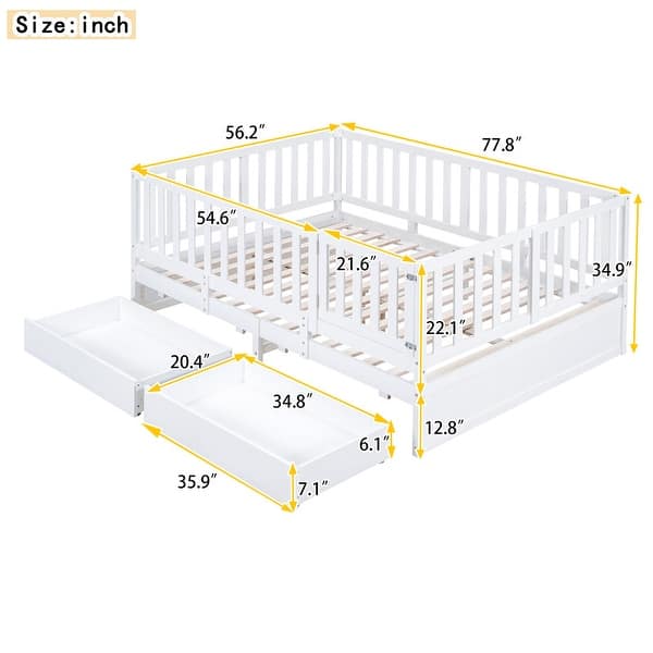 dimension image slide 2 of 3, Full Size Daybed with Fence Guardrails and Drawers Floor Bed and Daybed, Gray