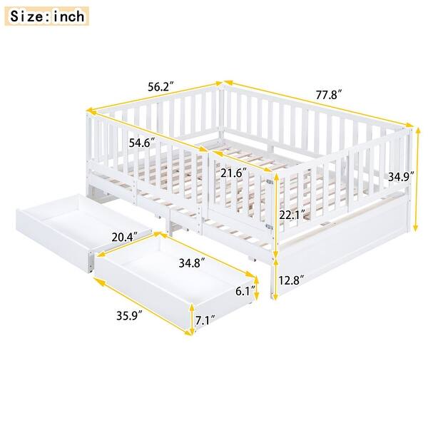 dimension image slide 2 of 3, Full Size Wood Daybed with Fence Guardrails and 2 Drawers Split into Independent Floor Bed and Daybed, Gray