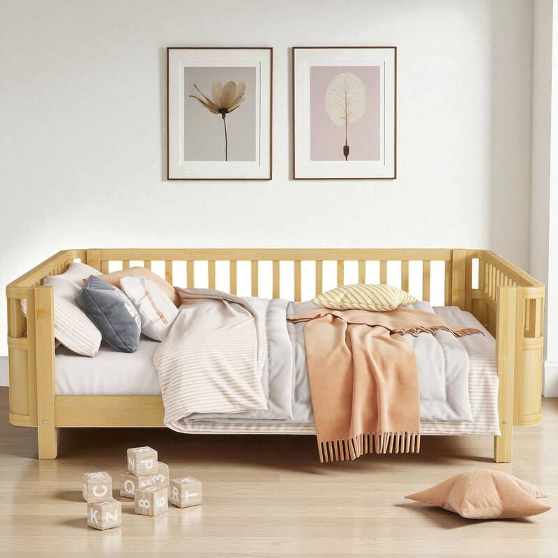 Wood Twin/Full Size Platform Bed with Safety Rails, Low Profile Kids Bed Frame for Girls and Boys