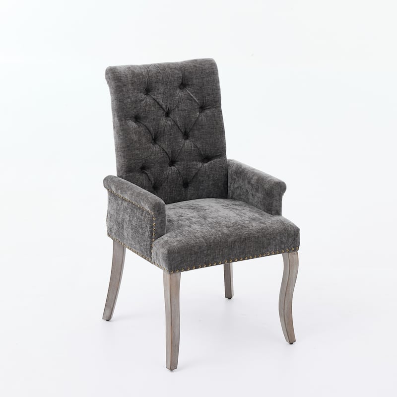 Upholstered Chenille Fabric Accent Dining Chair, Curved Solid Wood Legs, Elegant Tufted Club Dining Room Kitchen Room Arm