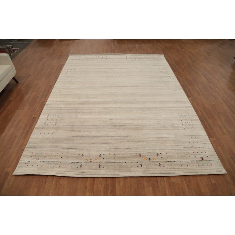 Hand Knotted Oriental Viscose Silk Carpet Tribal Animal Pictorial Beige & Ivories Gabbeh Area Rug - 11' 10'' X 8' 10''