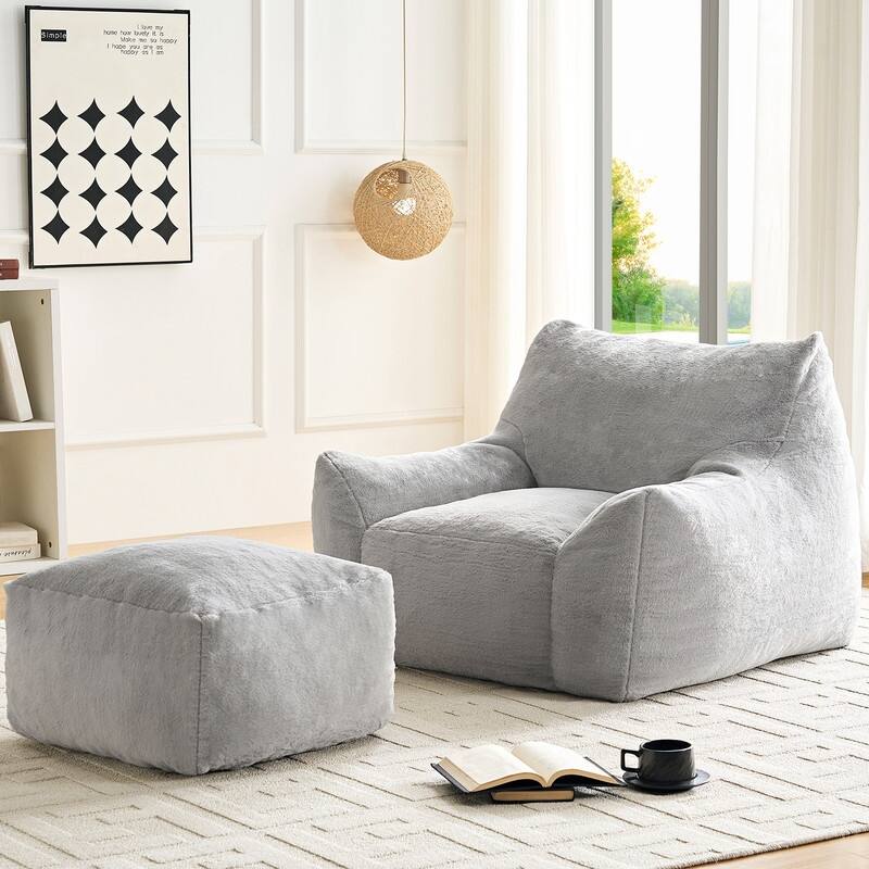 MIxoy Oversized Modern Bean Bag Chair with Ottoman,Lazy Sofa with Armrest - Light Grey