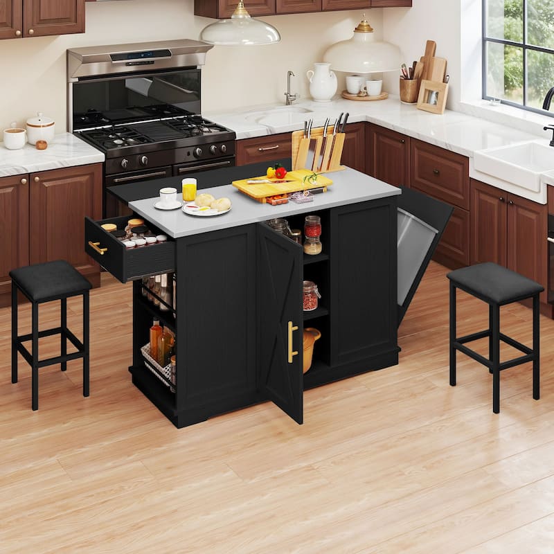 Moasis Rolling Kitchen Island with Trash Can Storage Cabinet and 2 Bar Stools - Black