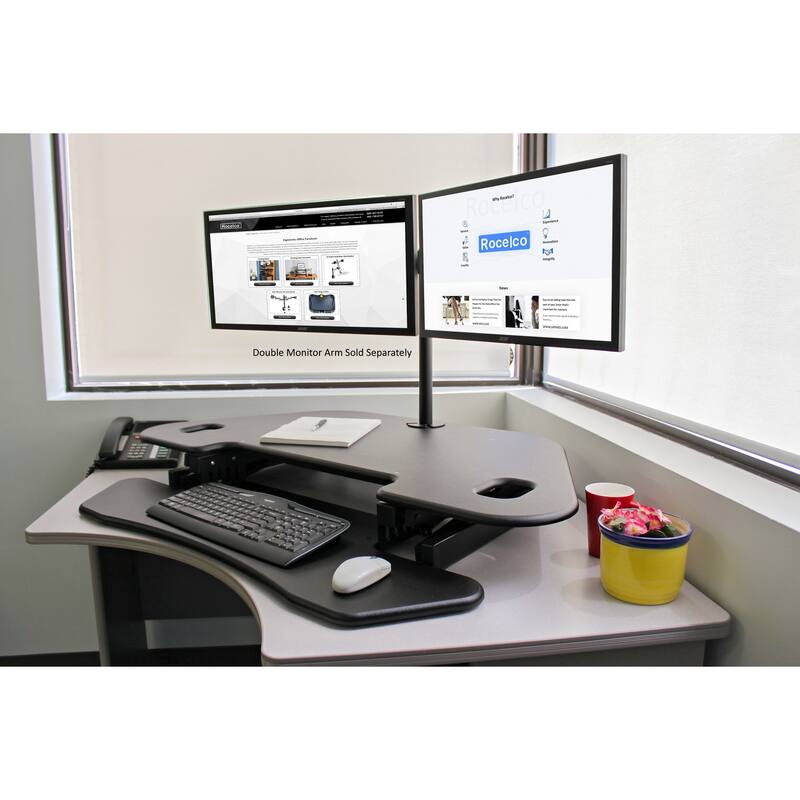 Rocelco 46 in. W Black Height Adjustable Corner Standing Desk Converter Dual Monitor Riser with Gas Spring Assist Design