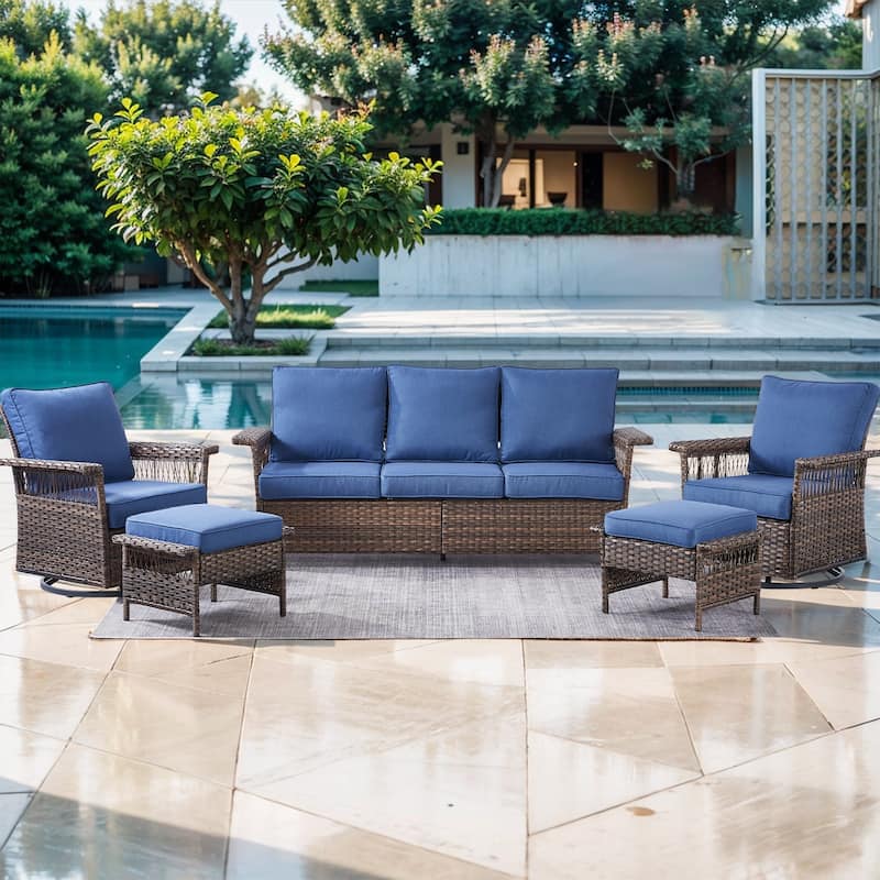 Rattan Sofa with Rocking Chair Ottoman Tea Table - Brown - Blue - Brown