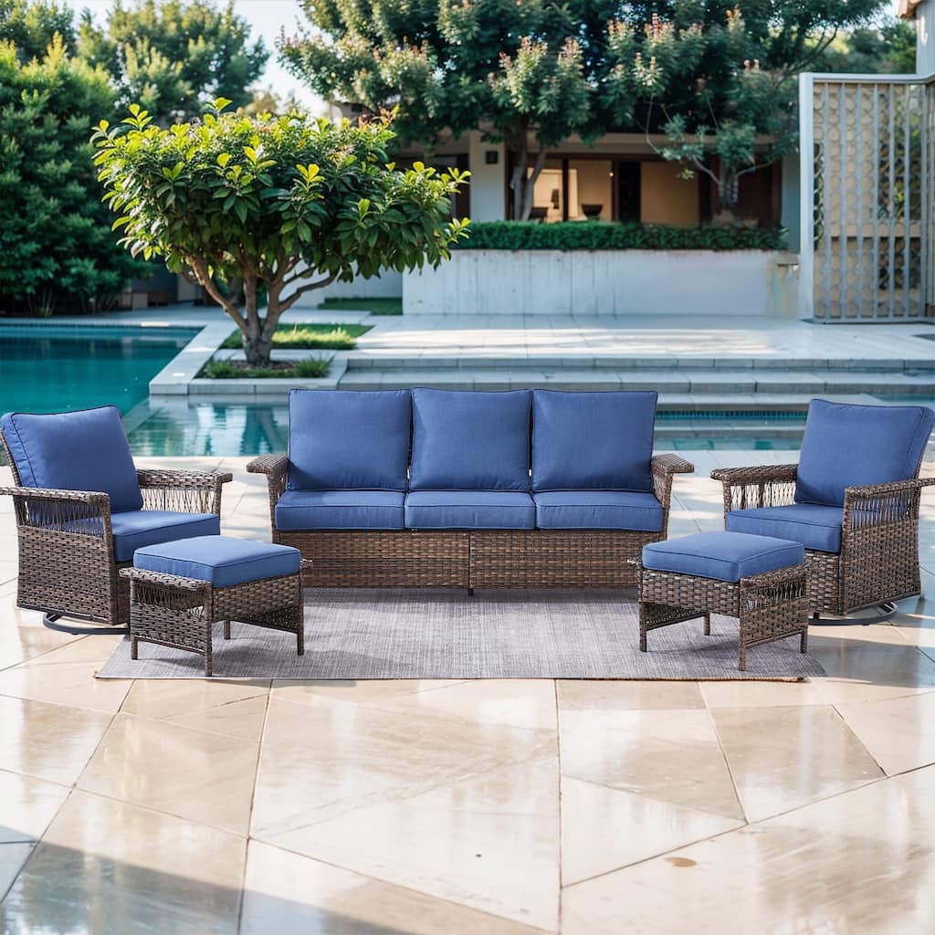 Rattan Sofa with Rocking Chair Ottoman Tea Table - Brown