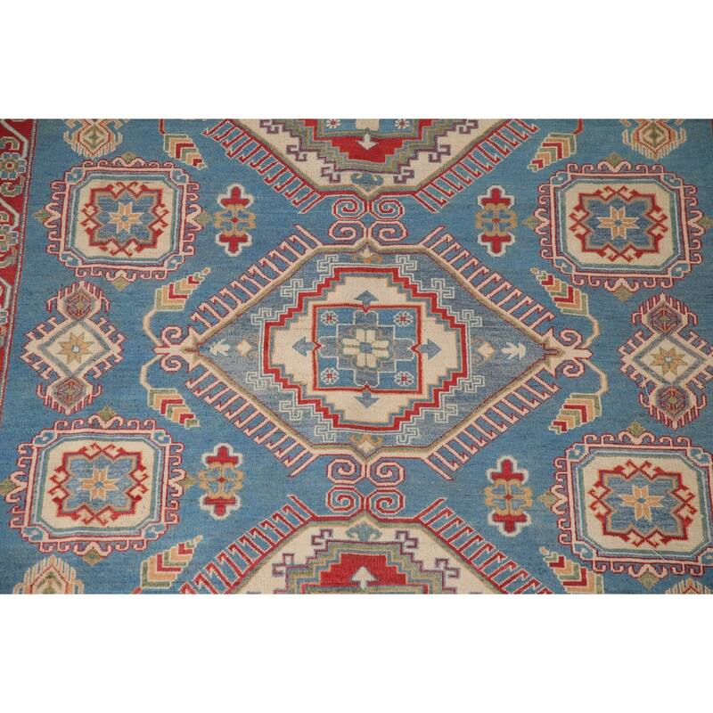 Blue Geometric Kazak Area Rug Handmade Wool Carpet - 8'0" x 9'10"