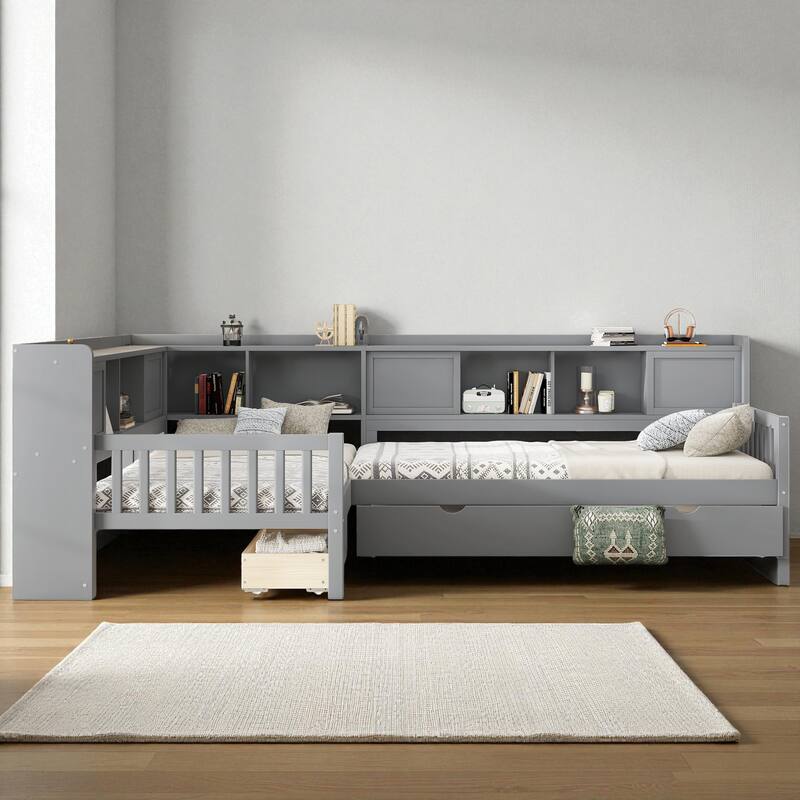 L-Shaped Twin Platform Bed with Trundle, Solid Wood Corner Bed Frame with Drawers and Shelves, No Box Spring Needed