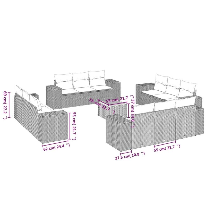 vidaXL Patio Sofa Set with Cushions Outdoor Furniture 13 Piece Poly Rattan - 21.7x 24.4x 27.2