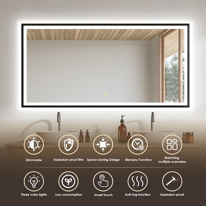 Apollo Rectangular Anti-Fog Dimmable Modern Bathroom/Vanity LED Lighted Wall Mirror in Matte Black Aluminum Framed