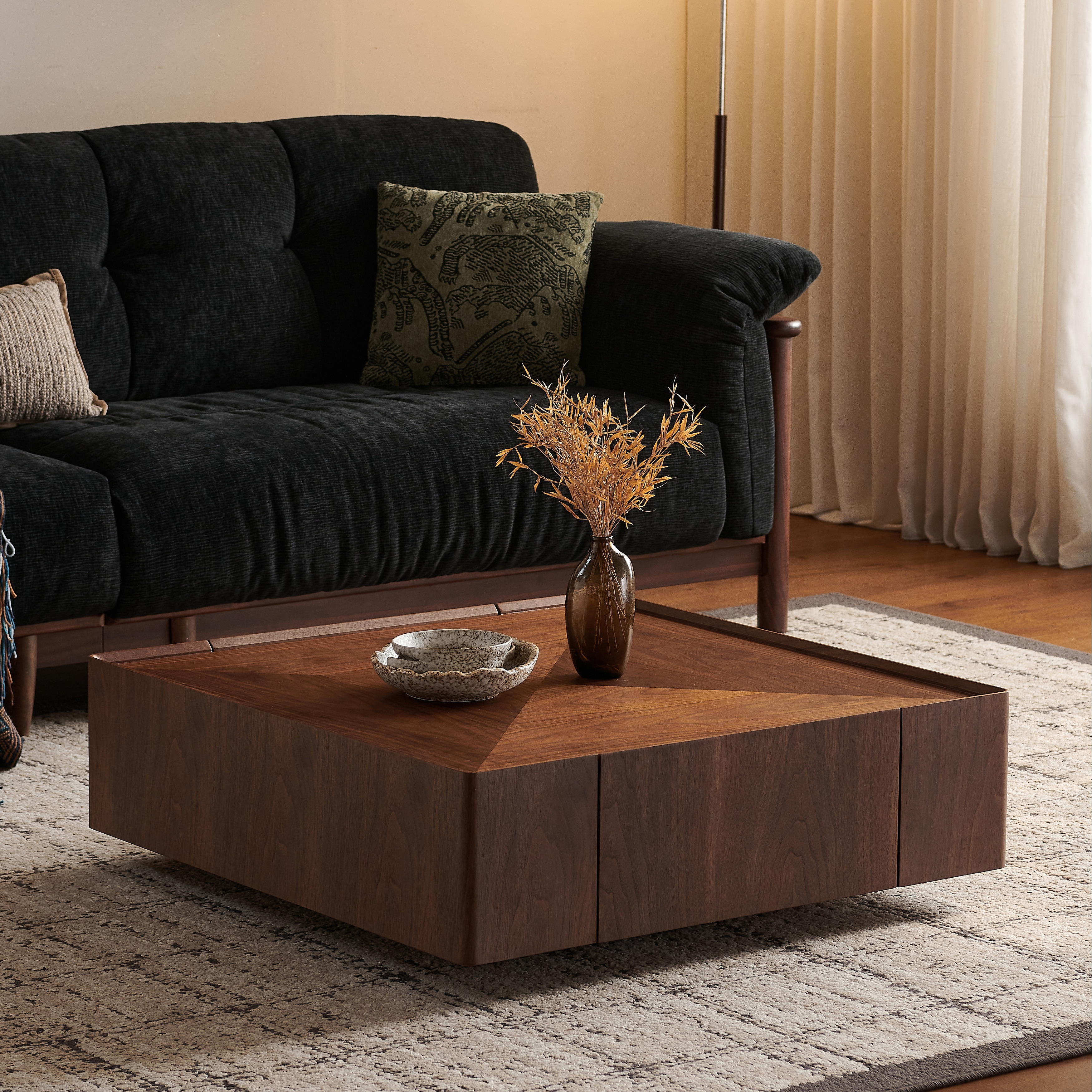 Square Side Table Sofa Table with Drawers, Walnut Center Table Coffee Table End Table for Living Room