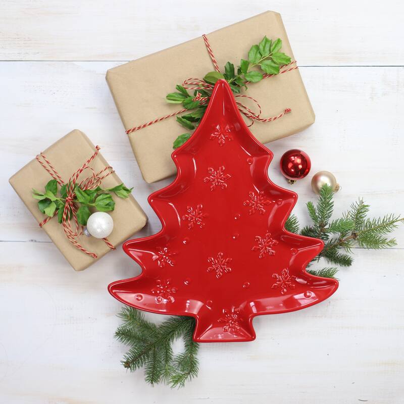 Euro Ceramica Winterfest Tree Platter - Red