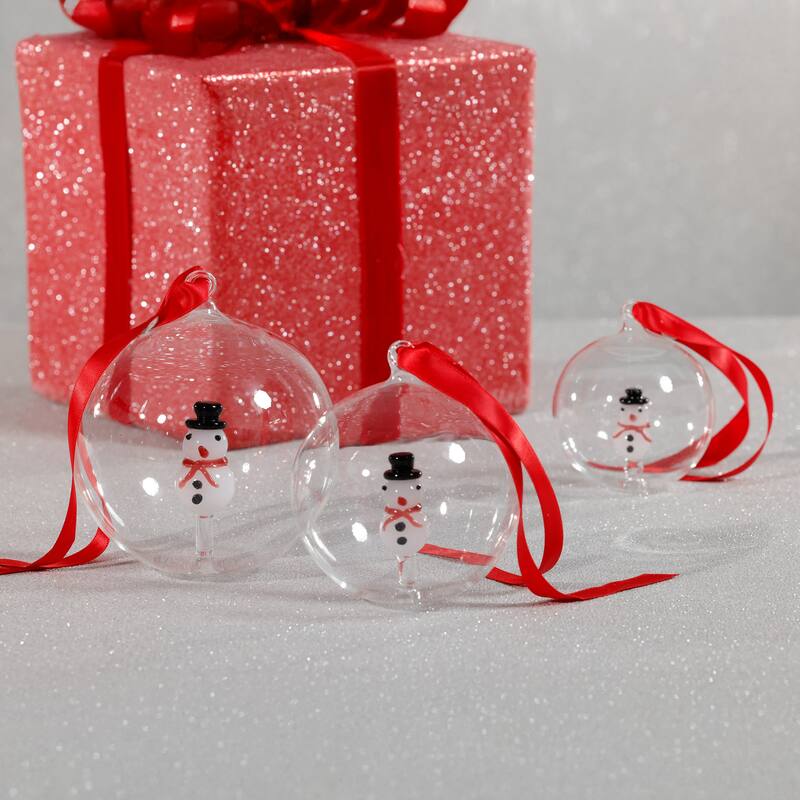 Clear Glass Ball Ornaments with Holiday Snowman Motif, Set of 6, 4"