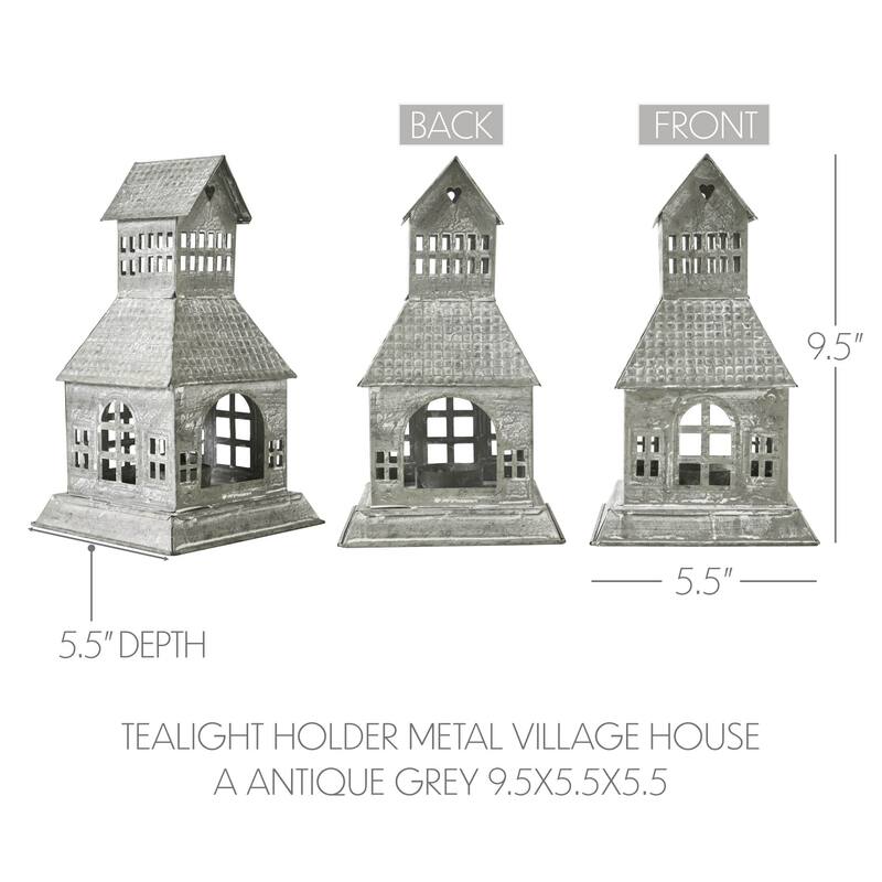 Tealight Holder Metal Village House A Antique Grey 9.5x5.5x5.5 - N/A