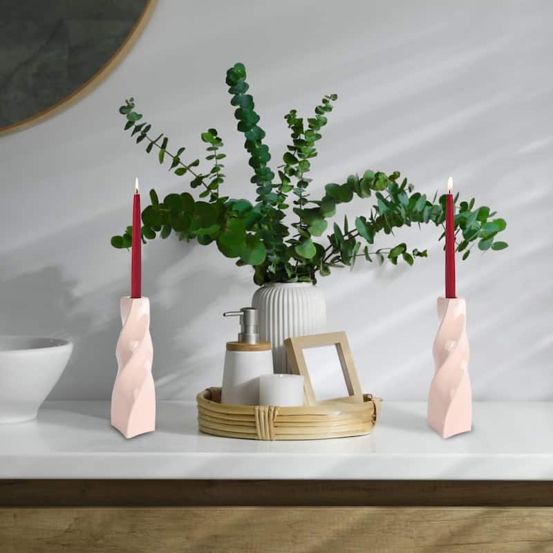 Vanilla Set of Two Tall Curvy Ceramic Candlesticks in Santa Fe Style