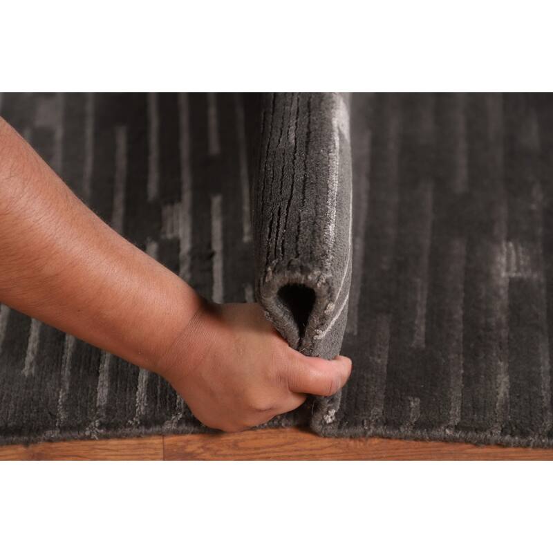 Striped Black Nepalese Indian Area Rug Hand-Knotted Wool Carpet - 9'0" x 11'8"