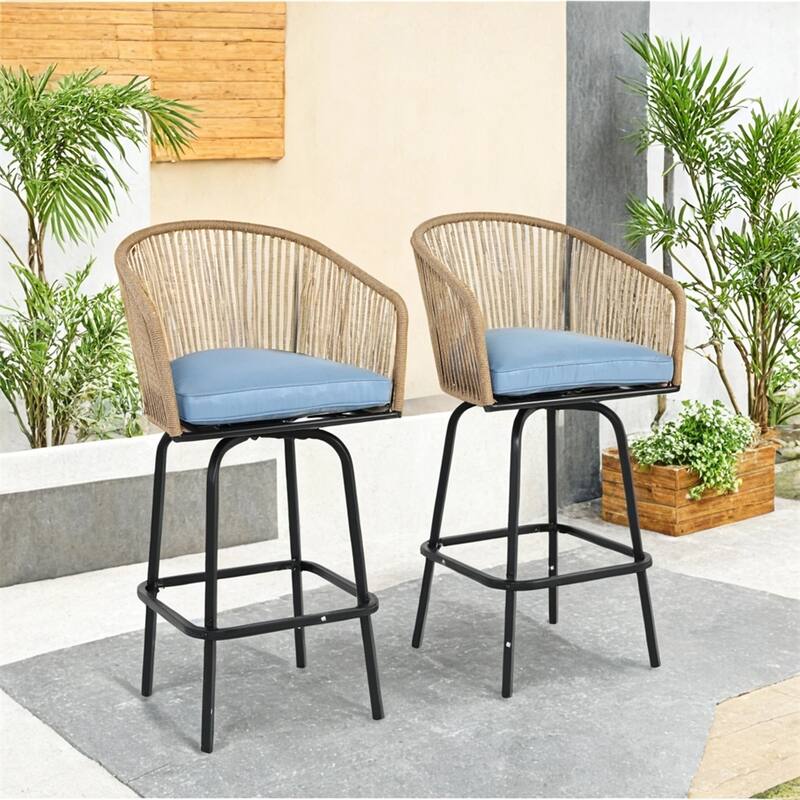 Outdoor Patio Bar Stools w/Armrest,All Weather Rattan Bar Chairs 2 PCS