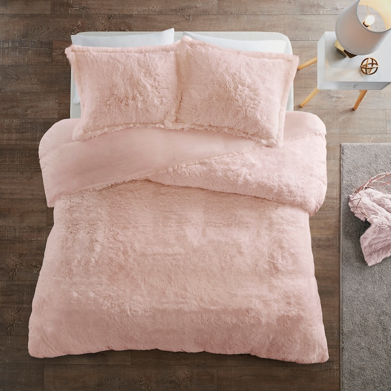 Leena Shaggy Fur Duvet Cover Set by Intelligent Designs - Blush - Queen