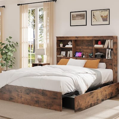 Bed Frame with High Storage Bookcase Headboard, Built in Charging Station