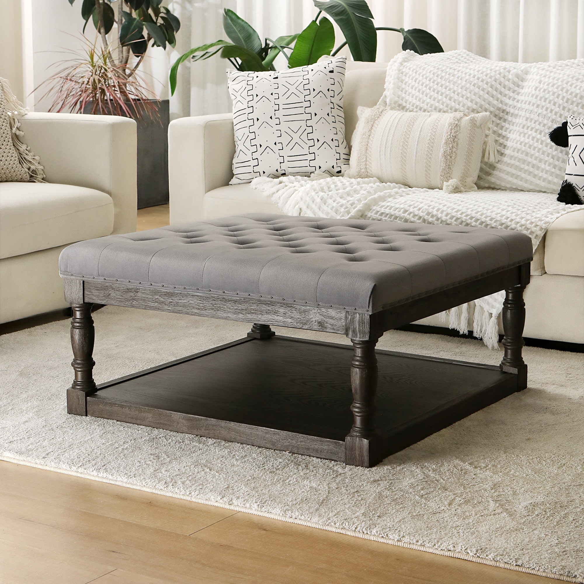 Cairona Tufted Bi-Cast Leather 34-Inch Shelved Ottoman Table - Gray Velvet Top, image size:2000x2000