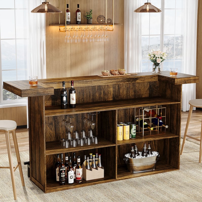 4-Tier Wooden Bar Table, 70.9" Large Home Bar Unit with Storage Shelves for Home, Patio, Basement