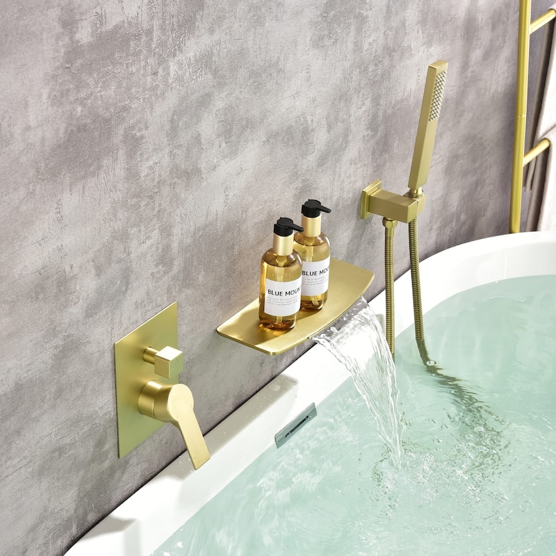 Wall Mounted Tub Filler With Hand Sprayer Waterfall Bathtub Faucet Modern Single Handle Tub Faucet Trim With Handheld Shower