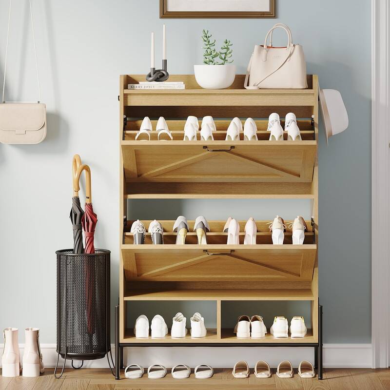 Shoe Cabinet with 2 Flip-Up Drawers, Hidden Shoe Storage Cabinet with Open Storage for Entryway, Hallway, Bedroom - Natural