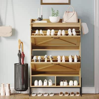 Shoe Cabinet with 2 Flip-Up Drawers, Hidden Shoe Storage Cabinet with Open Storage for Entryway, Hallway, Bedroom