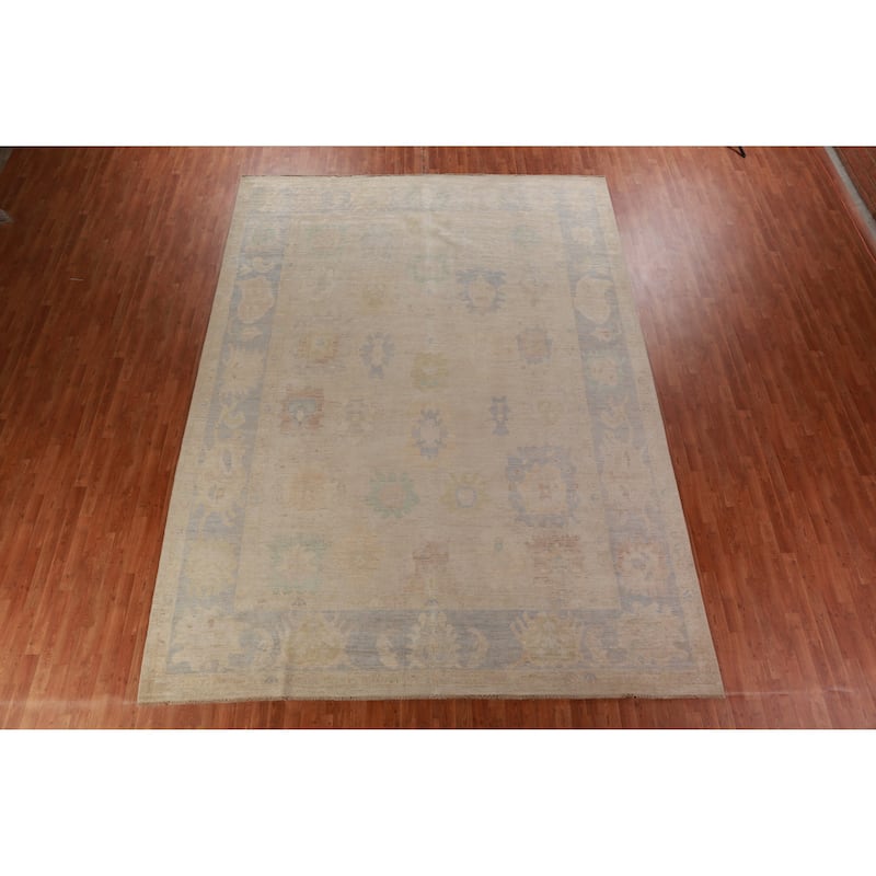 Hand Knotted Oriental 100% Wool Carpet Transitional All-Over Beige & Ivories Oushak Area Rug - 13' 8'' X 10' 1''